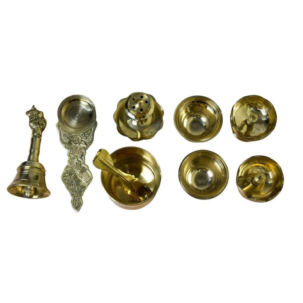 8-Inch Plain Brass Pooja Thali Set with Diyas, Kumkum Bowls, Agarbatti Stand & Accessories