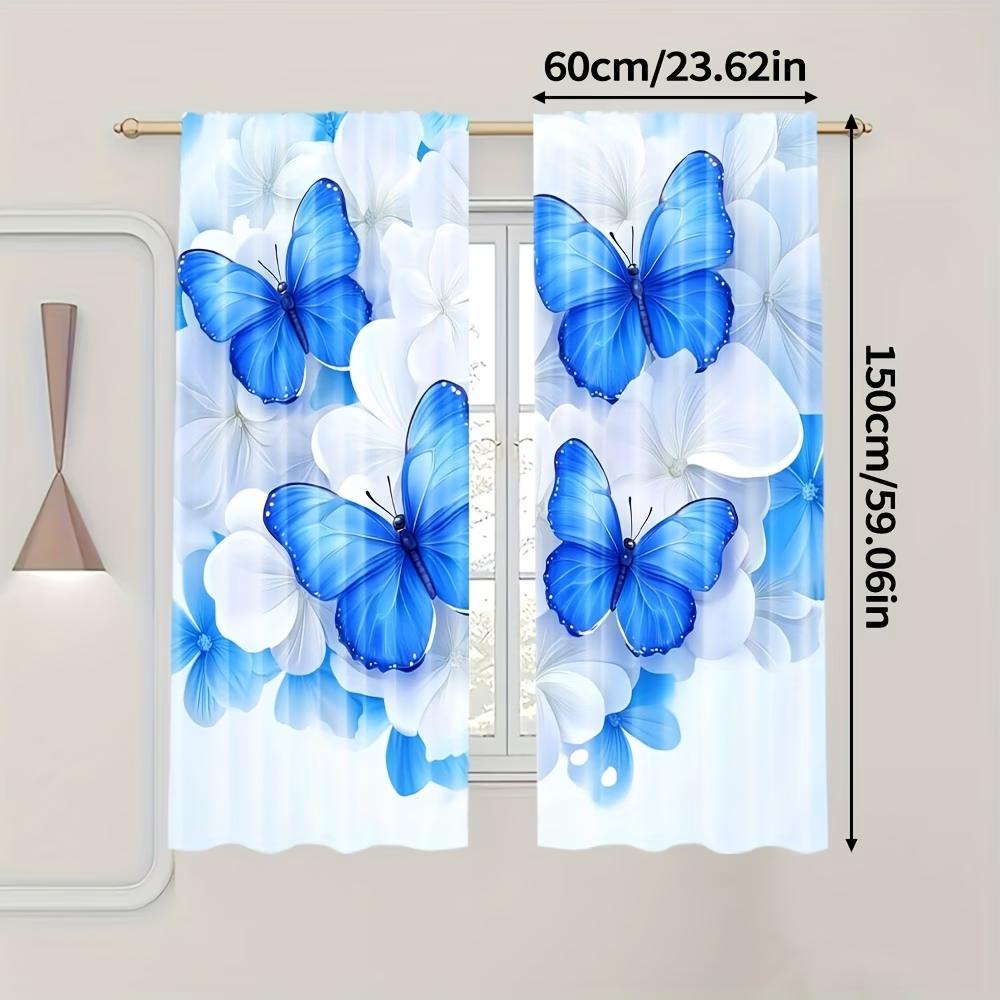 2PCS Digital Printed Curtains, Bright Blue Butterfly Vibrant Insect Nature, Window Drapes for Living Room Bedroom Home Decor