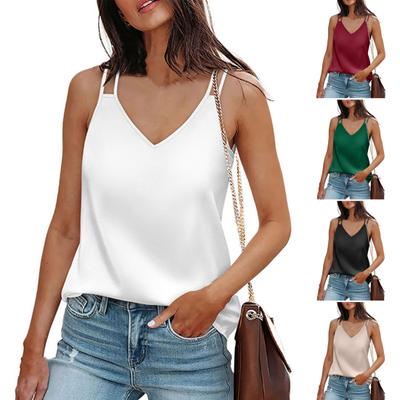 Débardeur d'été sans manches pour femmes, col en v, couleur unie, coupe ample, tissu lisse, Camisole décontractée, pull