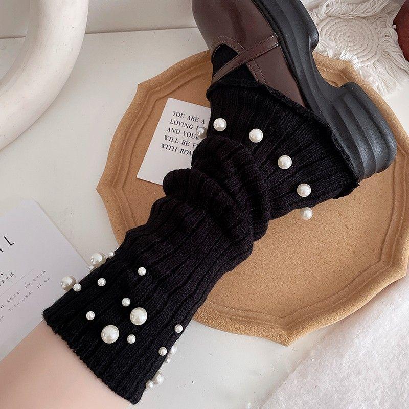 Women's Milk White Ruffled Wide-leg Leg Warmers Y2K Pearl Studded Socks JK Lolita Slouchy Long Leg Socks