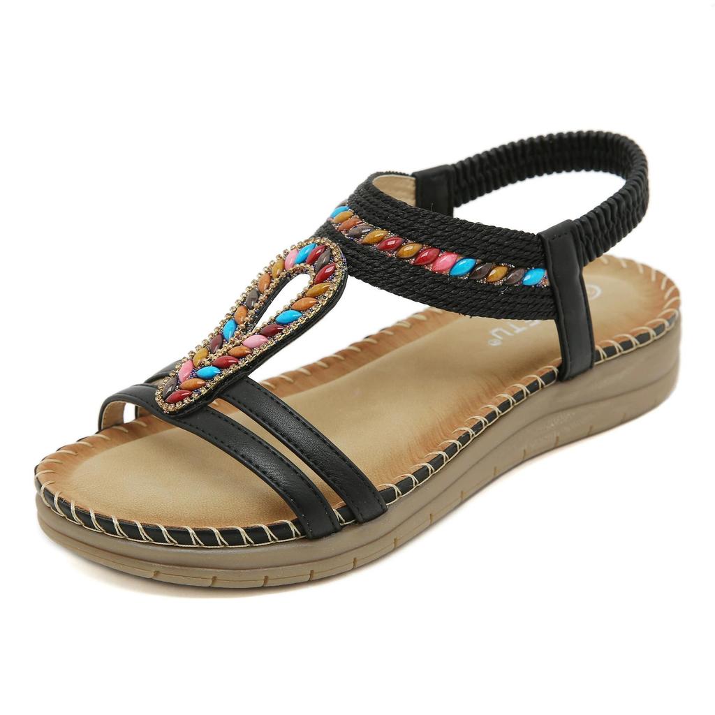 2026 Summer Shoes Women Bohemia Style Sandals Summer Holiday Flat Fashion Brand Ladies Sandals Black Gold Plus Size 42