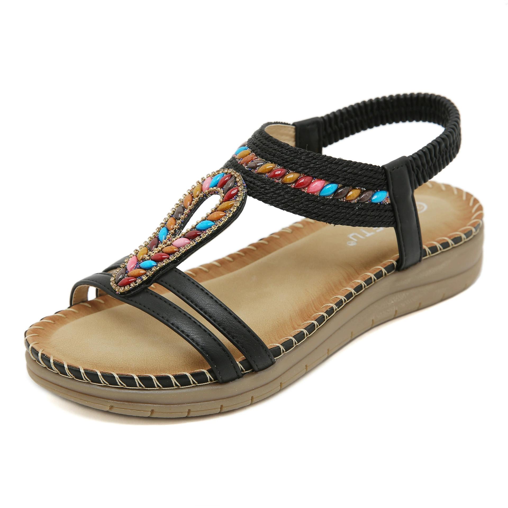 

Летняя обувь 2026 года: женские сандалии в богемном стиле, летние сандалии на плоской подошве, модные сандалии от известного бренда, черные с золотыми вставками, большие размеры 42. 36 чёрный