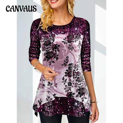 Sonbahar ve Kış Kadın Bluz Üstleri Moda Baskı Yuvarlak Yaka Uzun Kollu Üstler