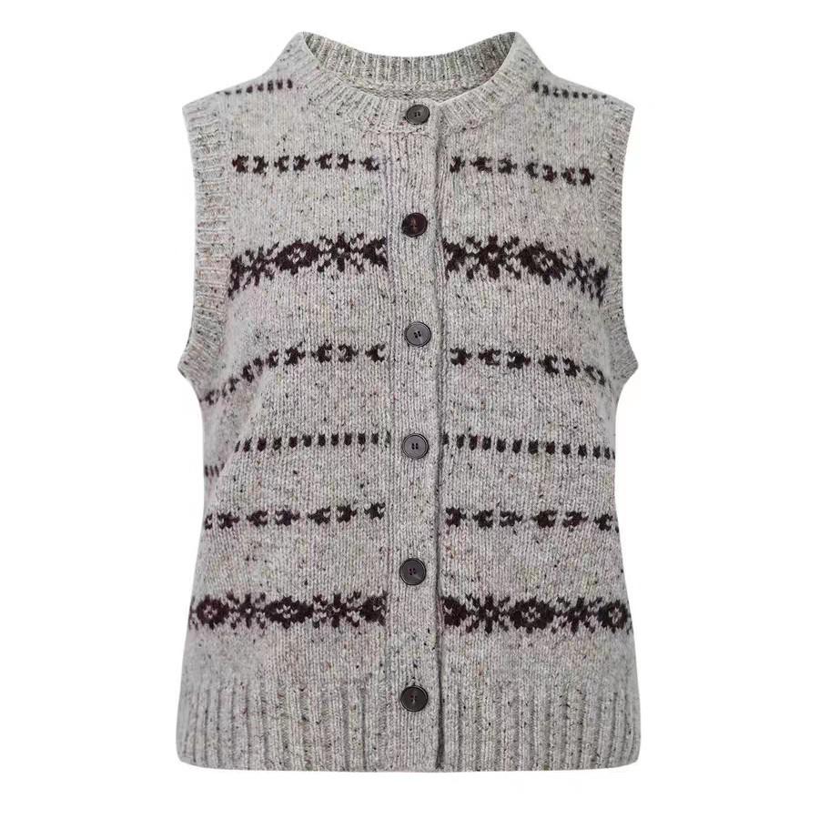 Bai Lu Grey Retro Jacquard Stripe Sleeveless Knit Cardigan Vest