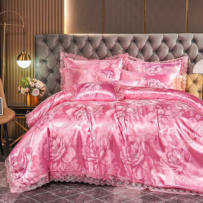 

Luxury Pink Jacquard Satin Bedding Set Baroque Style with Lace Trim Duvet Cover Set King Queen Size for Home Decor 2 Pillowcases Flat Bed Sheet&1.2m(3pcs) розовый