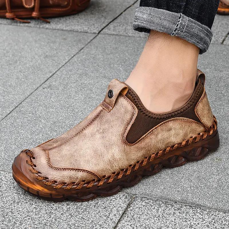Handmade Big Size Men Casual Shoes Comfortable Non Slip Soft Soled Slip On Flat Loafers Moccasins for Daily Walking Driving Outdoor Wear