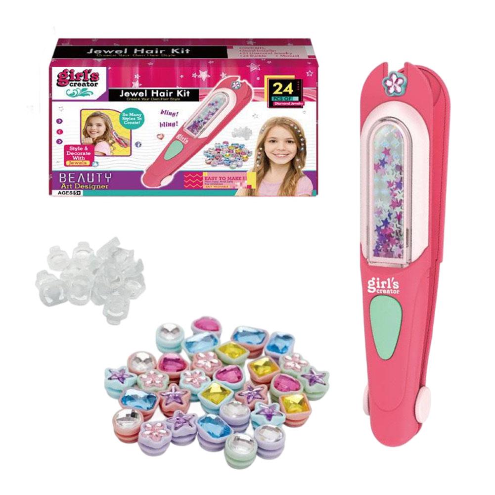 Girls Hair Decoration Kit Hair Gem Stamper With Reusable Shining Diamonds Bling Jewels Diy Styling Pretend Play Dress Up Toy