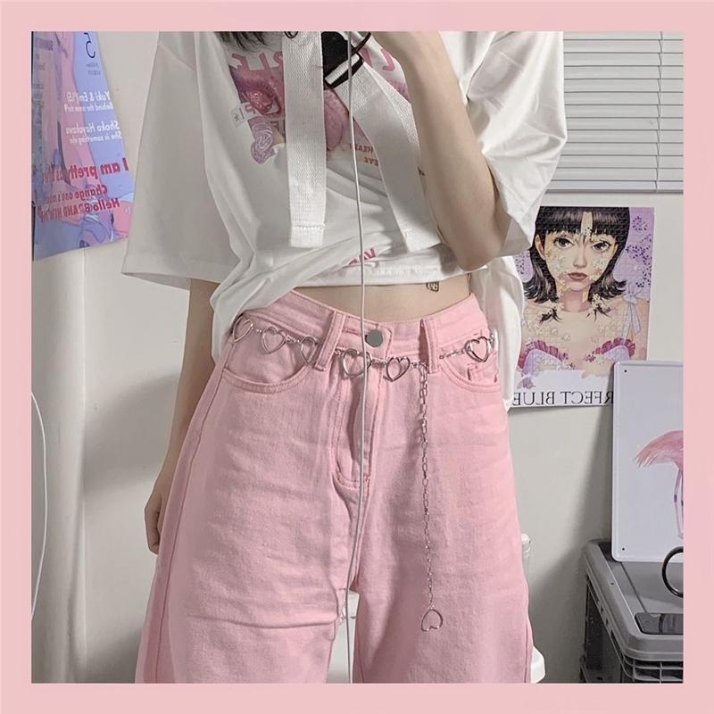 Jeans Women's Autumn Pink Versatile Straight Wide Leg Pants Loose High Waist Skinny Pants Tide Pants