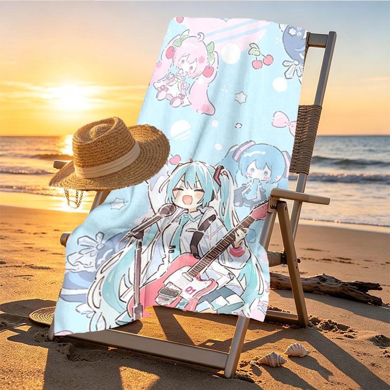 Hatsune Miku Print Beach Towel Design, Soft, Lightweight. for Home Bathroom, Spa, Pool, Yoga, Surfing, Camping, Gift for Family, Friend