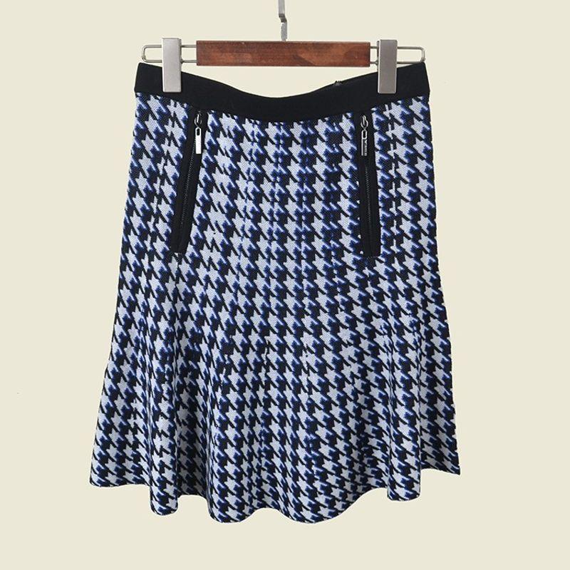 

Foreign Trade Houndstooth Elastic Lower Hem Zipper A- line Dress Blue G