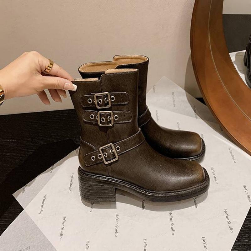 New Women's Leather Boots Leather Sleeve Low Boots Cowhide Thick-soled Non-slip Medium Heel Martin Boots Autumn and Winter Large Size Boots