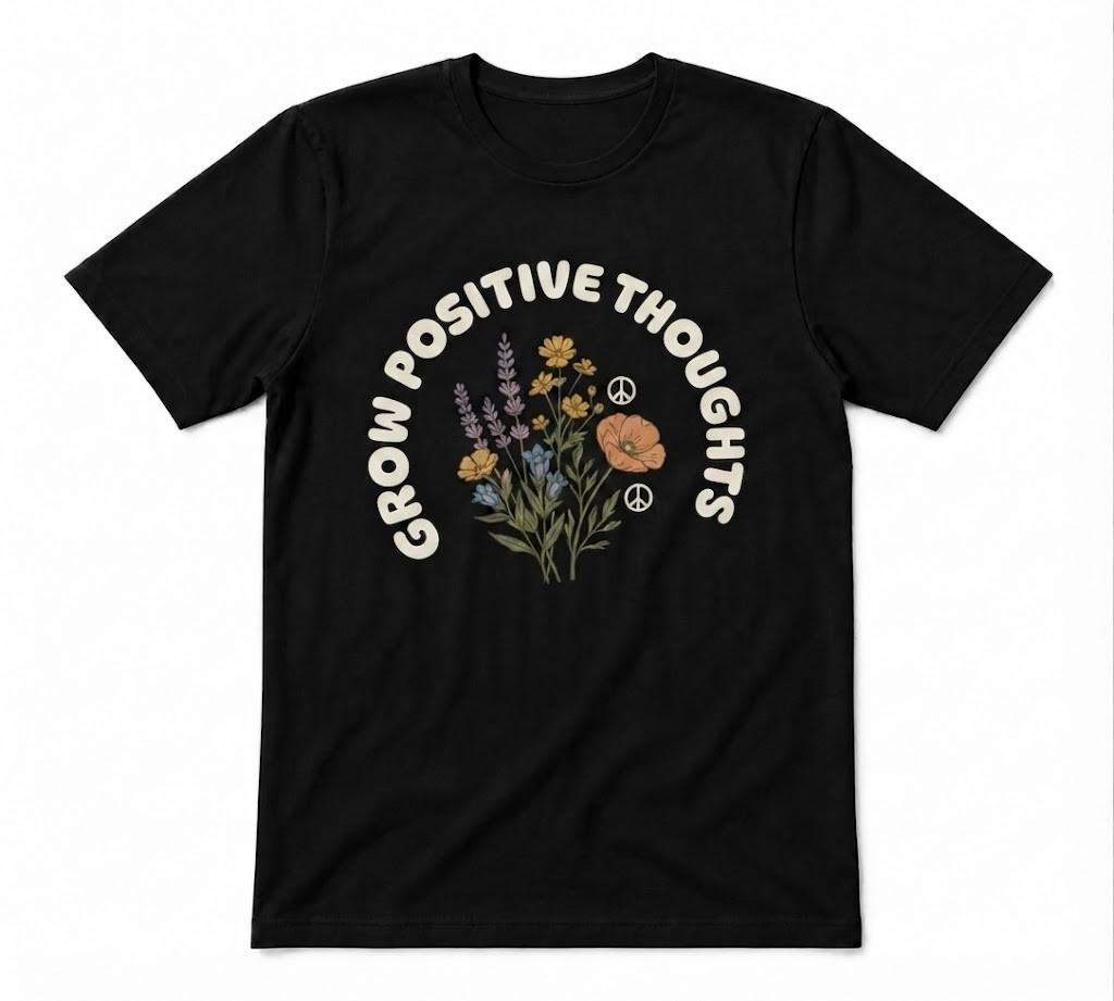 Floral Grow Positive Thoughts Peace Floral Love Unisex Tee Black T-shirt