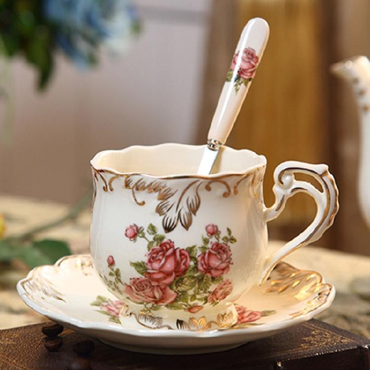 Rose Ivory Porcelain Coffee Cup Spoon Set Drinking Utensils for Women Teas Party