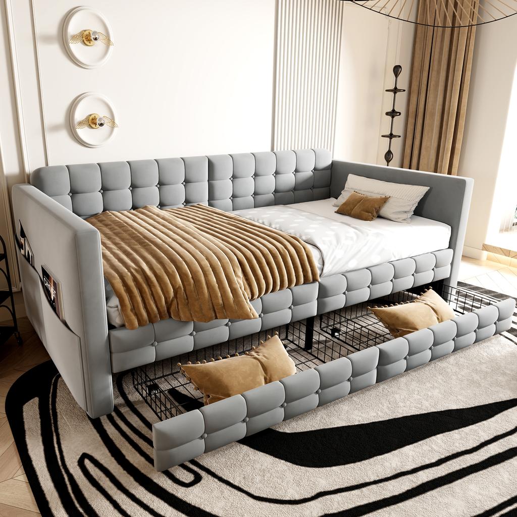 Upholstered Sofa Bed 90x190, Checkered Pattern, Storage Compartments On Sides, Two Drawers Under Bed, Guest or Single Bed, Velvet Fabric, Light Grey
