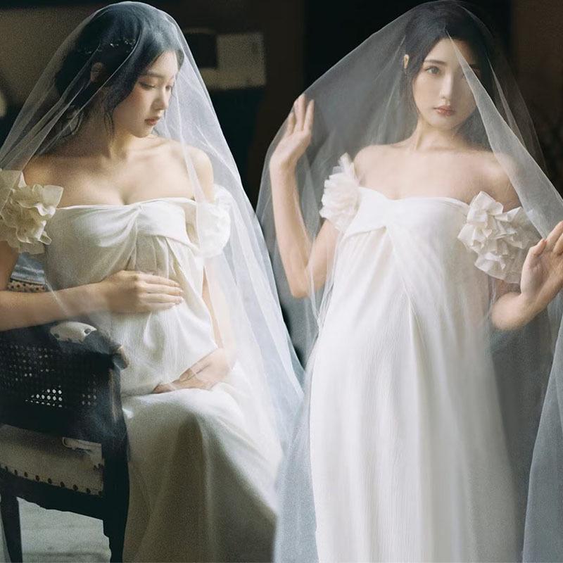 Elegant Indoor Maternity Photoshoot Attire - Artistic French-Style Portrait Gowns Dress Only