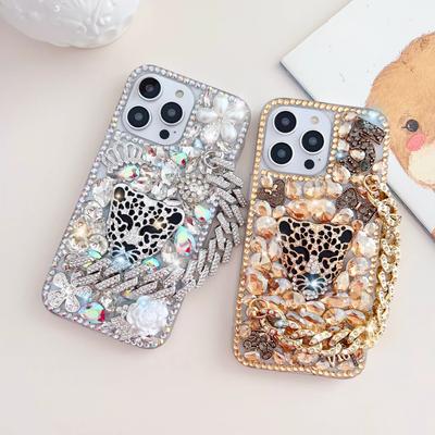 High-End Full-Screen Crystal 3D Leopard Phone Case With Rhinestone Bracelet Suitable For iPhone 16 15 14 13 11 12 Plus Pro Max