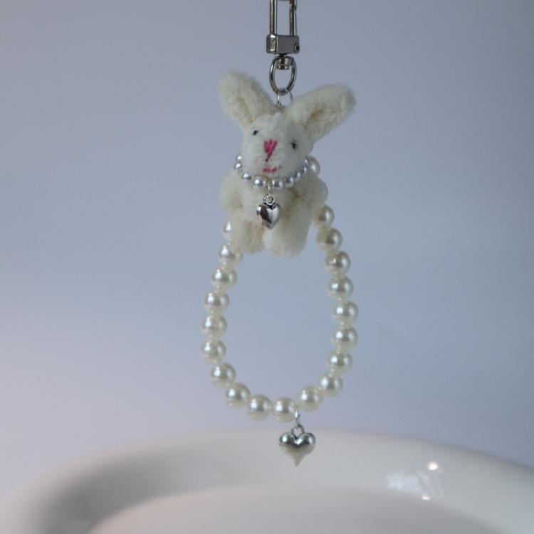 Plush Rabbit Pendant Stuffed Doll Girl Backpack Decor Heart Pearl Keychain Gift