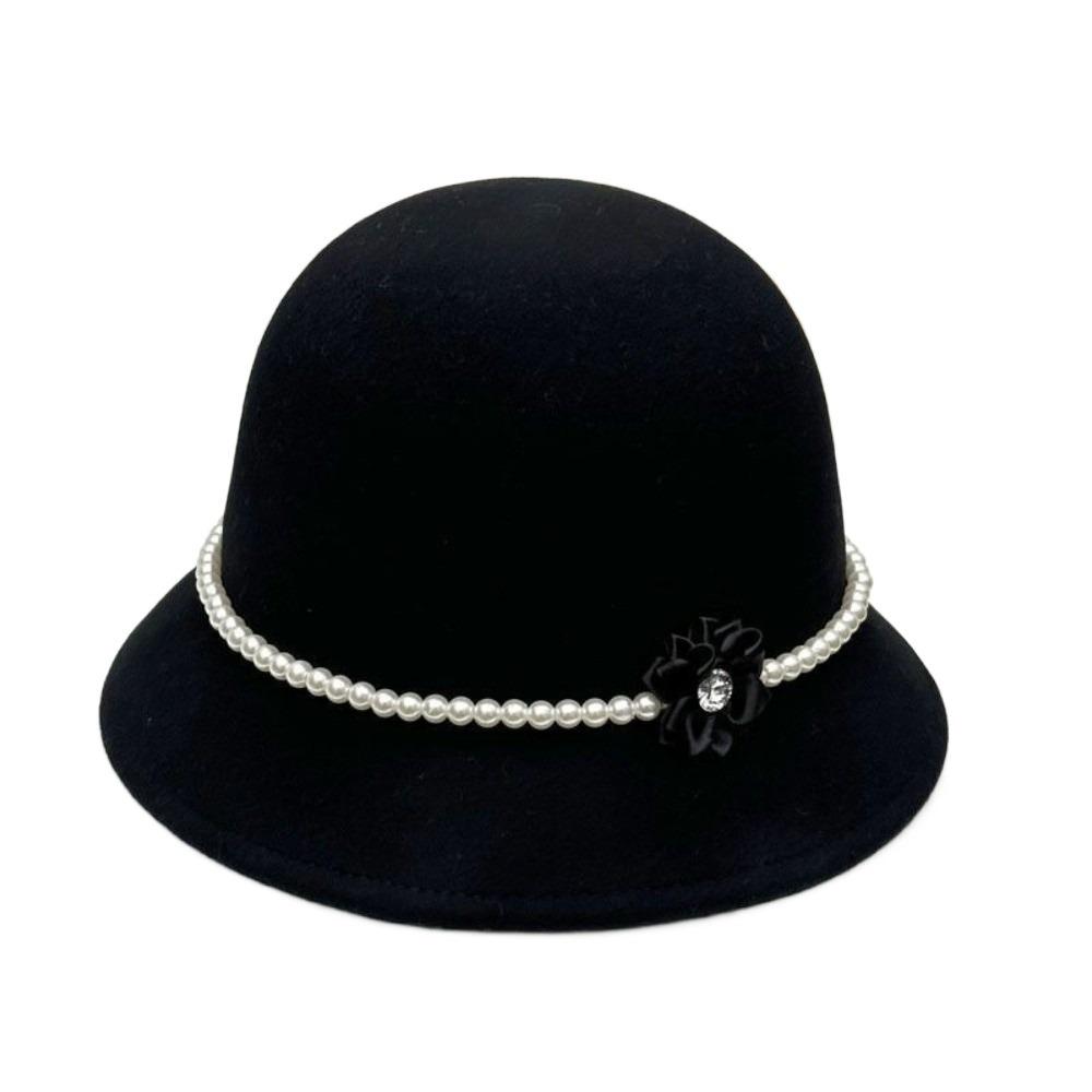 Solid Color Flower Topper Hat Pearl Woolen Bucket Hat Elegant Fisherman Hat  Girl