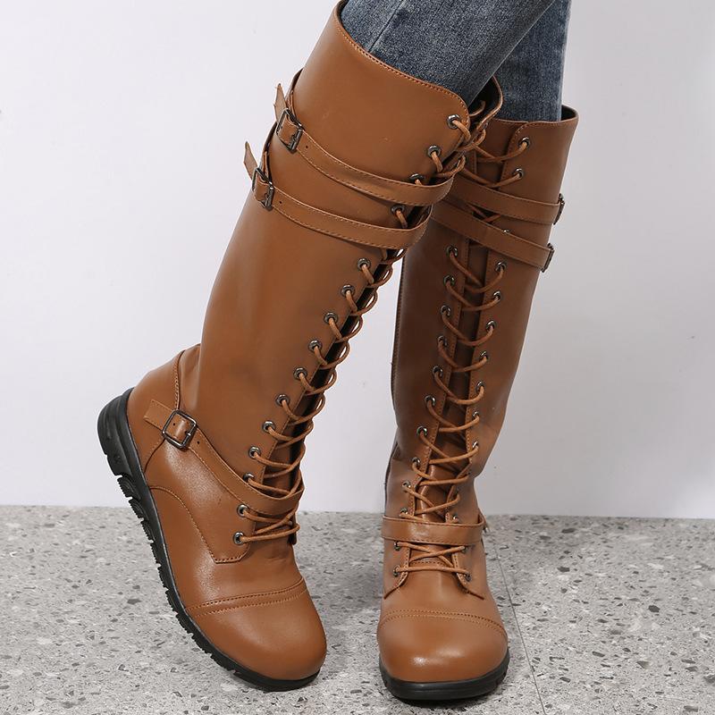 Women's Round Toe Low Heel Riding Boots, Cross Lace-Up High Boots, Plus Size Fall Winter Shoes