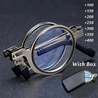 Portable Folding Reading Glasses Men Metal Round Square Anti Blue Light Eyewear Presbyopia Eyeglasses Frame Diopter +1.0 To +4.0