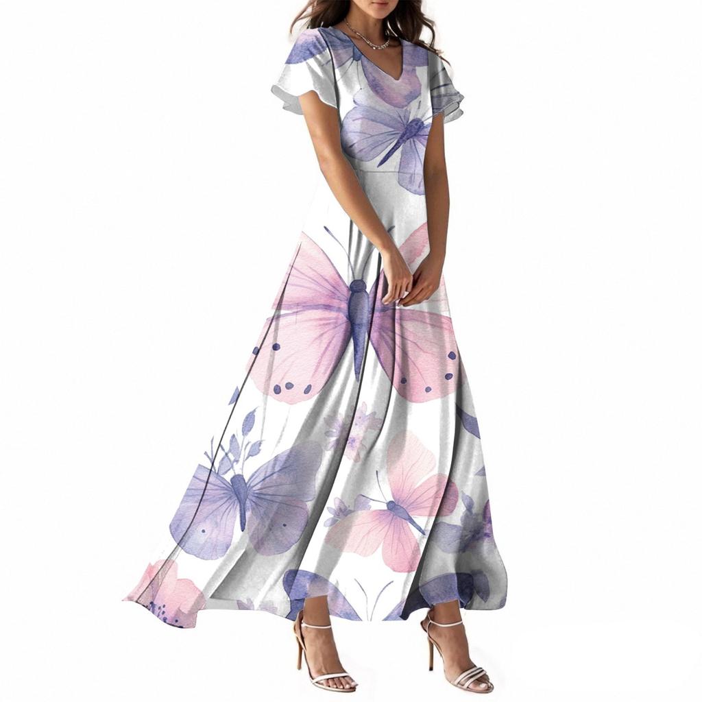 Abito Casual Estivo da Donna con Stampa Farfalla, Scollo a V, Manica Corta