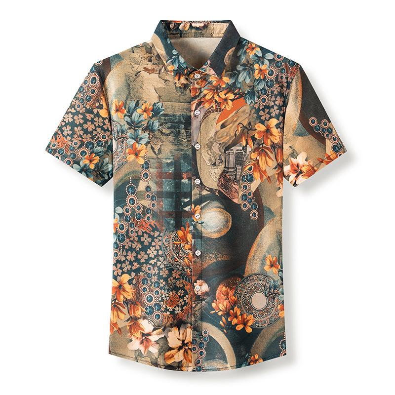 Men's Short-sleeved Shirts, Middle-aged Casual Loose Ice Silk Micro-elastic Floral Shirts for Dads