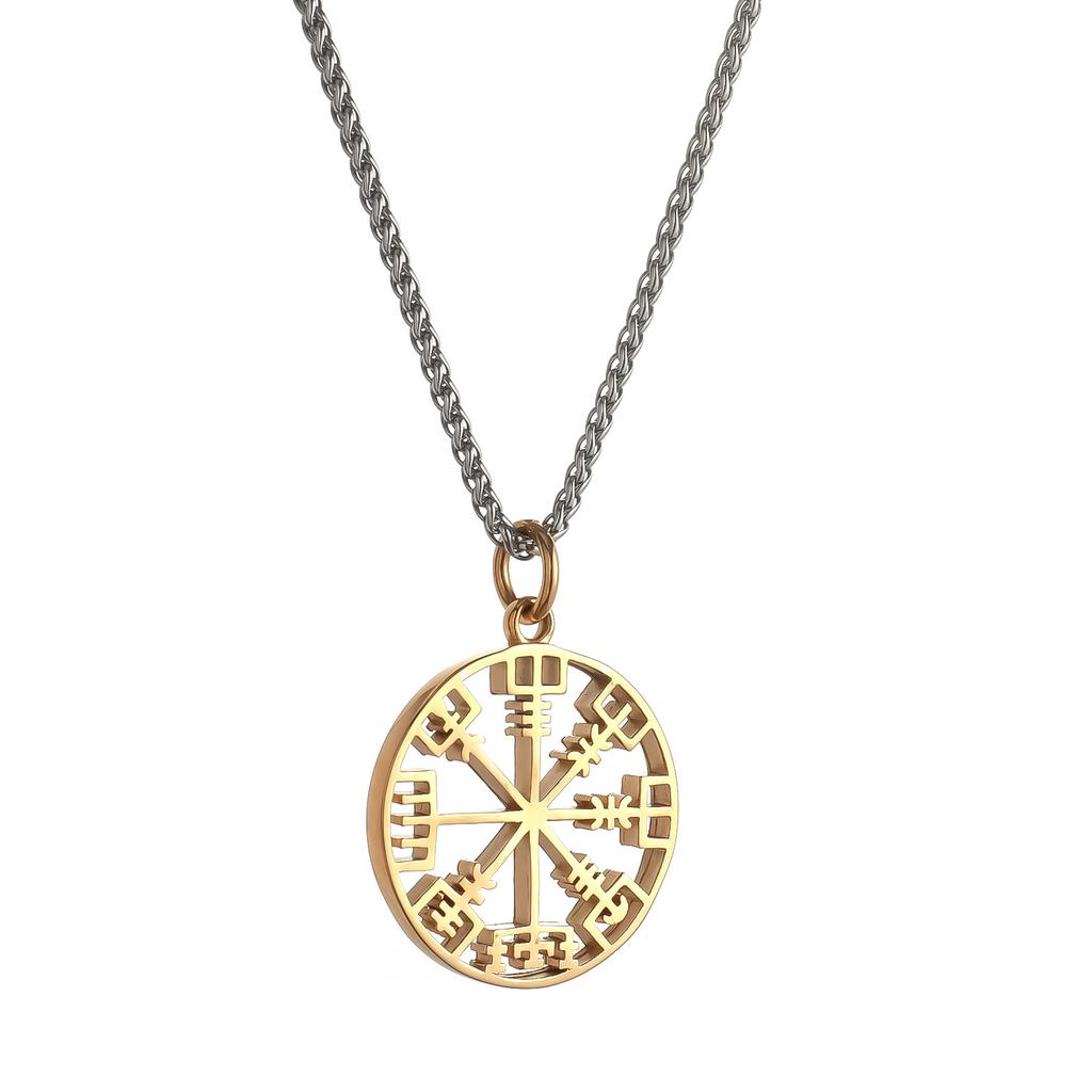 Gold Viking Necklace Men's, Viking Odin Logo Titanium Steel Hollow Compass Men's Pendant Necklace