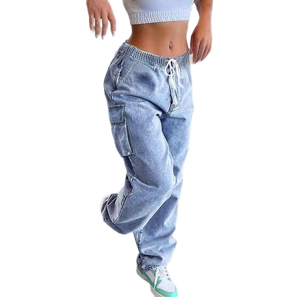 Cross-border Europe, America and 2026 spring and summer new trend elastic waist lace-up overalls casual wide-leg jeans women