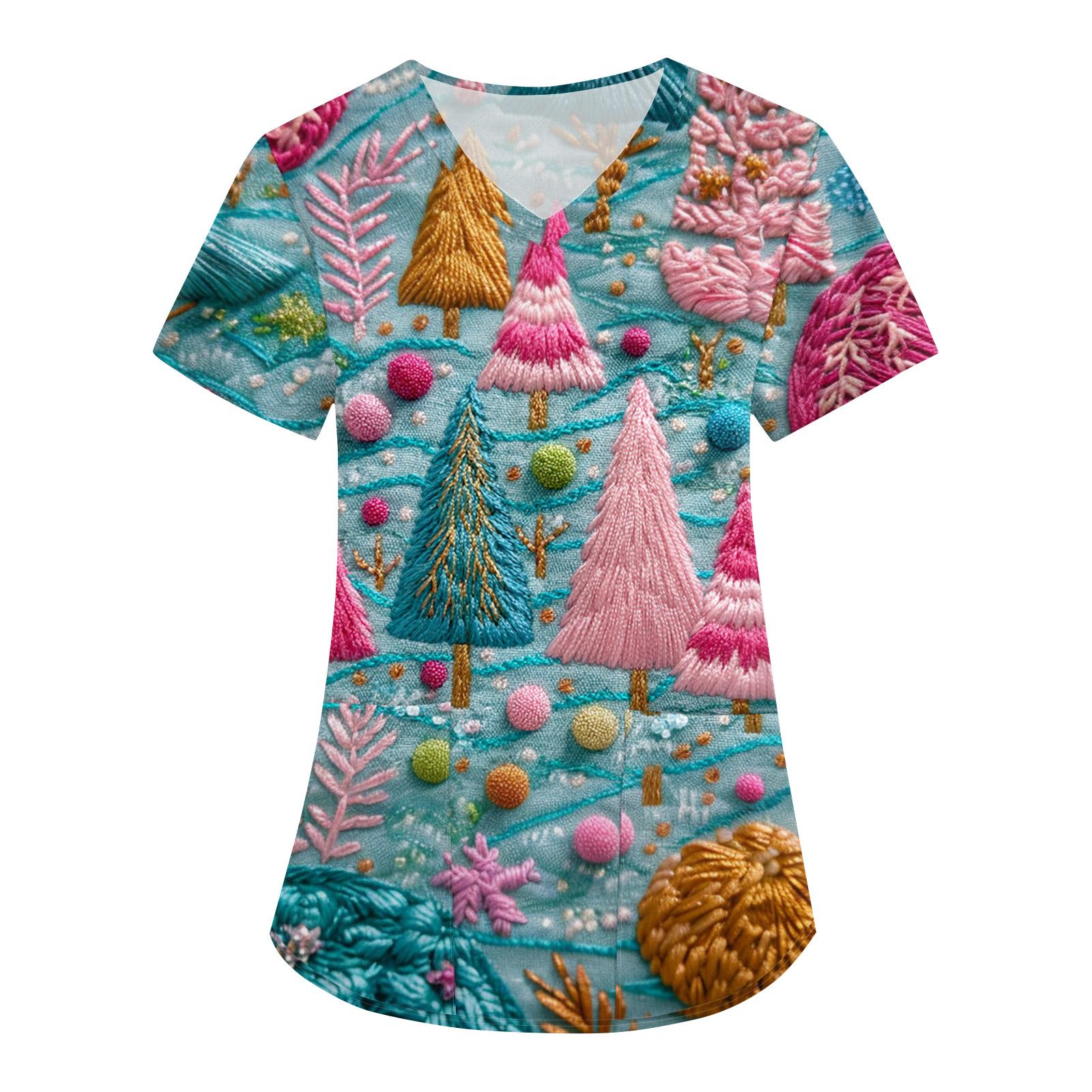 

Женская свободная униформа с V-образным вырезом, короткими рукавами и рождественским принтом S