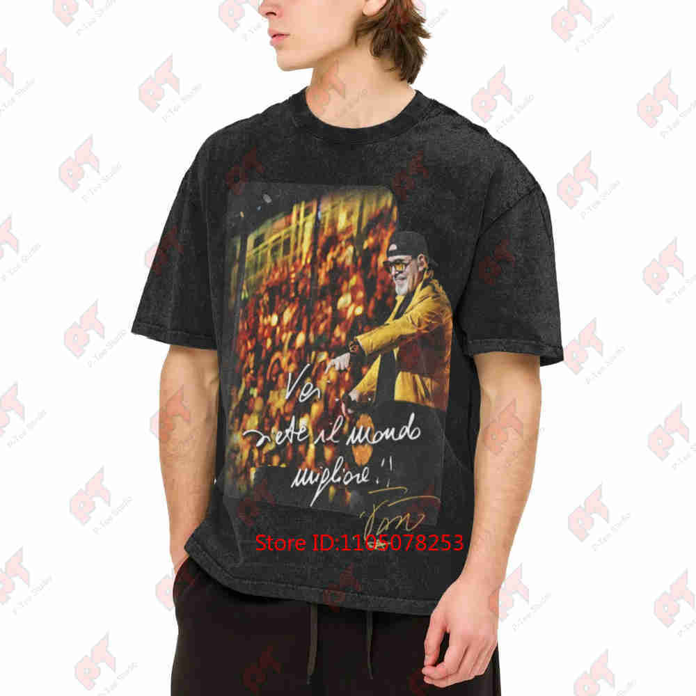 Vasco Rossi Italian Signature Song Lyric Vintage Washed Tee Pure Cotton T-Shirt