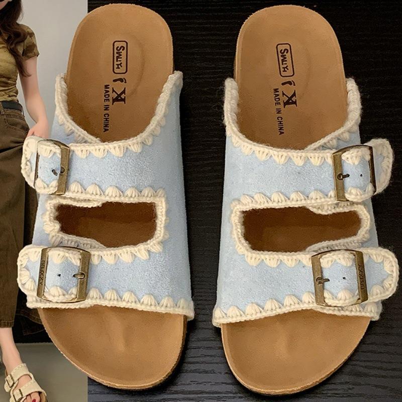 Cowhide version~ sponge cake thick-bottomed one-word slippers for women's summer wear, summer cork beach cool slippers