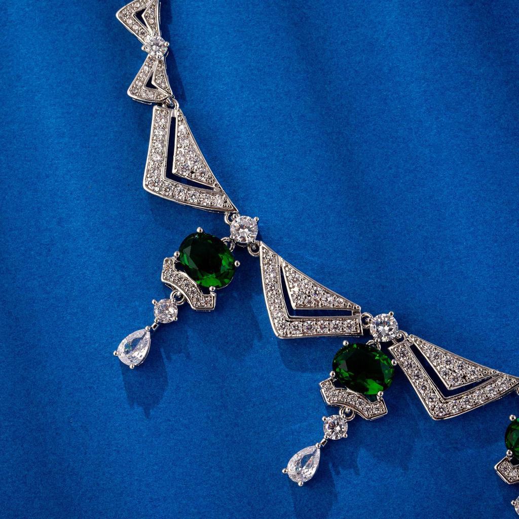 High-End Copper Earrings & Necklace with Main Stone - Popular in Europe & America, Two-Piece Set