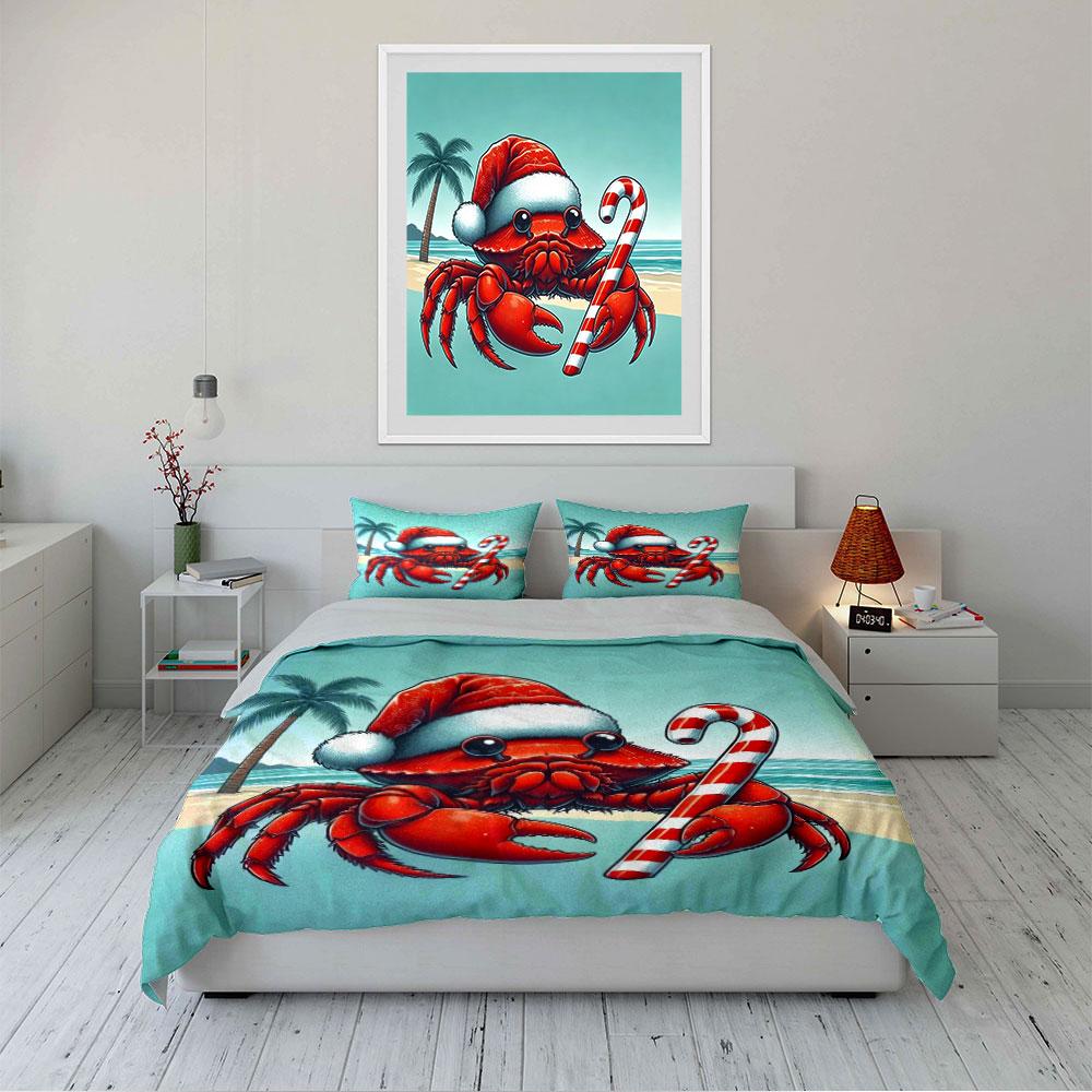 Christmas Crab with Candy Cane Bedding Duvet Cover Set (1*Duvet Cover 2*Pillowcases, Without Duvet Insert)