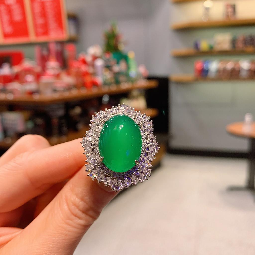 Jewelry Dan-Shaped Chalcedony Plain Surface Full Diamond Inlaid Ring Pendant Set Main Stone 15 * 20