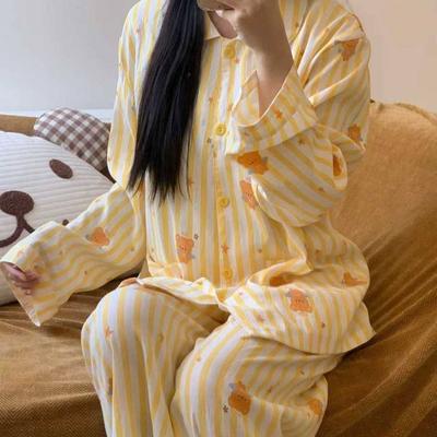 New Yellow Striped Bear Pajamas Women's Spring and Autumn Cardigan Lapel Double Long Two-piece Set Student Dormitory Loungewear