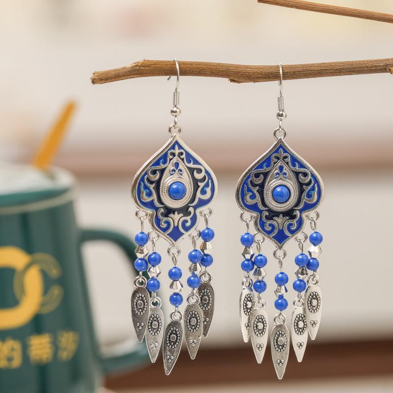 Ethnic Unique Pattern Geometric Charm Earrings for Women Creative Drop Oil Colorful Beads Metal Tassel Hanging Earrings Jewelry