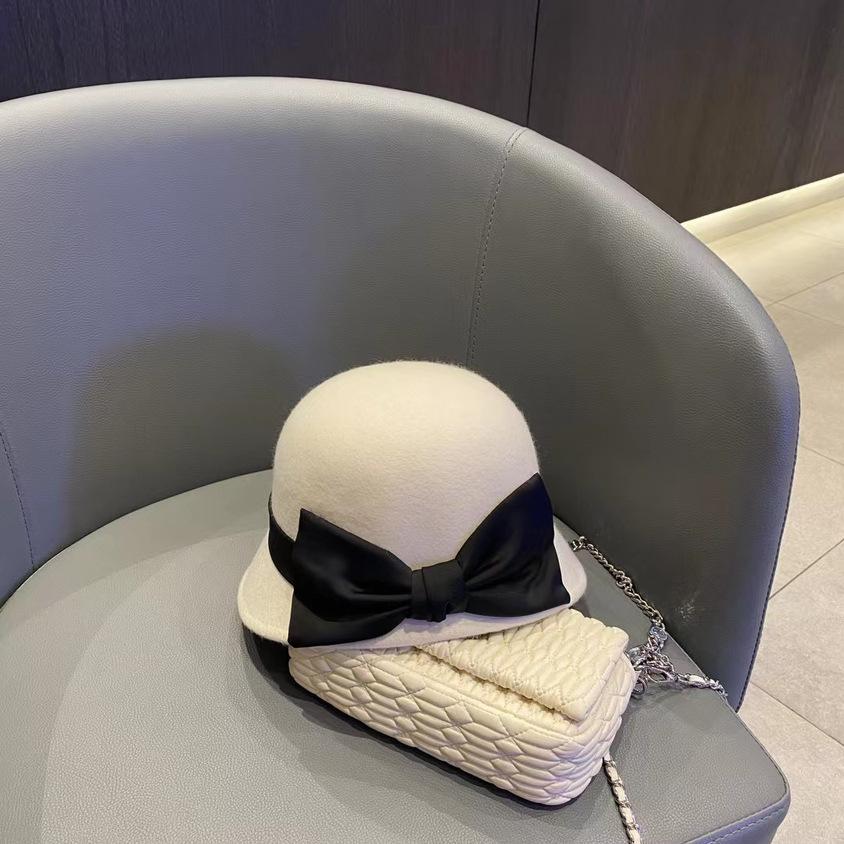 Japanese woolen top hat women's autumn and winter retro Hepburn style small edge basin hat elegant women's bow bucket hat
