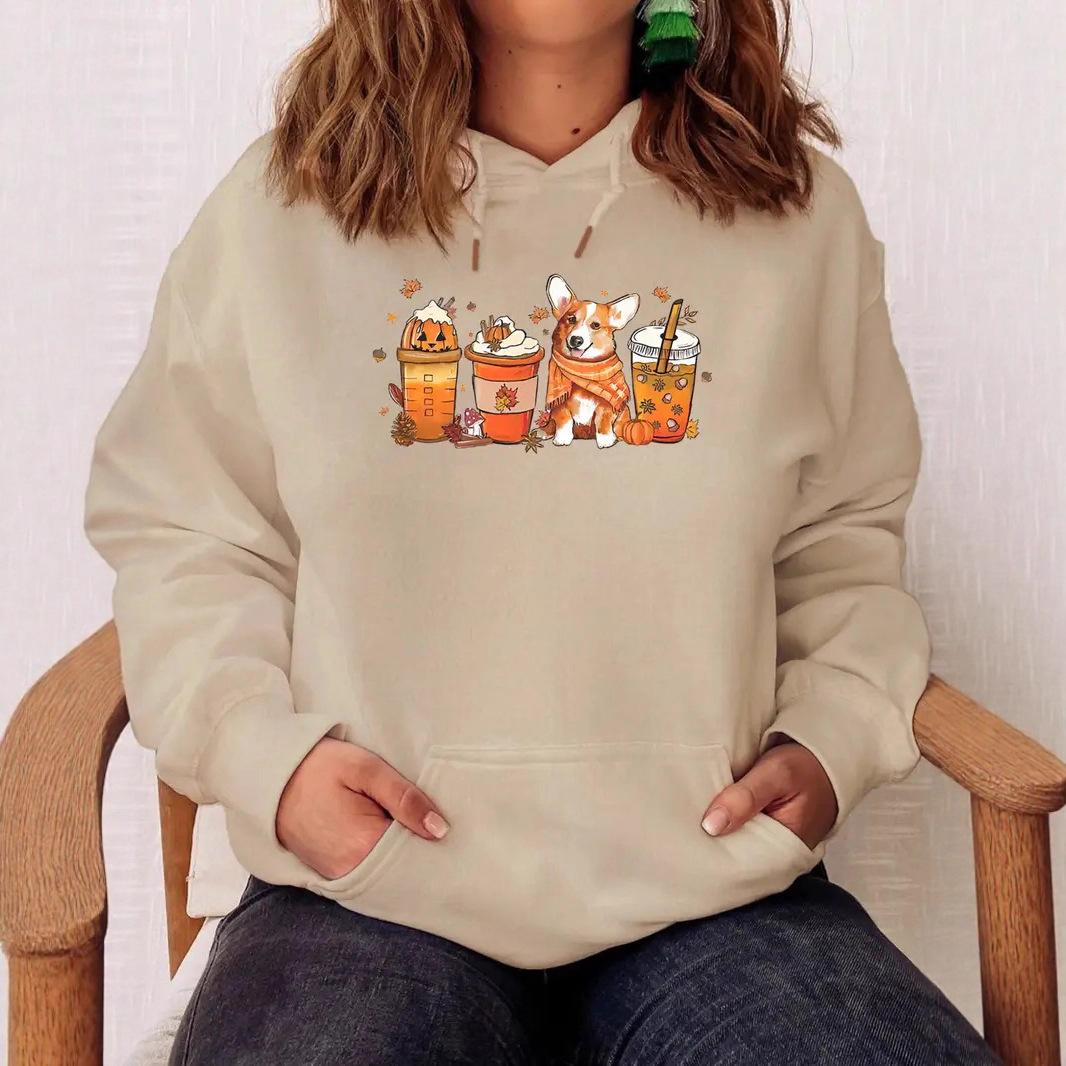 

Женский весенне-осенний повседневный худи с капюшоном, длинным рукавом и большим карманом, с принтом тыквы на Хэллоуин, напитка и собаки, пуловер, толстовка, топ 5XL