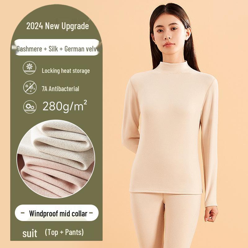 Damen- und Herren-Kaschmir-Seiden-Thermo-Unterwäsche-Set für Herbst/Winter – Warm, verdickt, halbochgeschnitten für Erwachsene