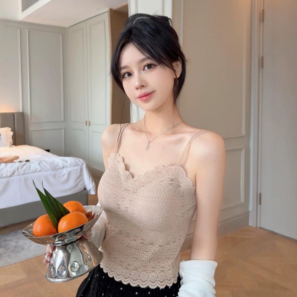 #Summer new casual style V-neck lace dispensing splicing ice silk vest female slim one-piece with chest pad