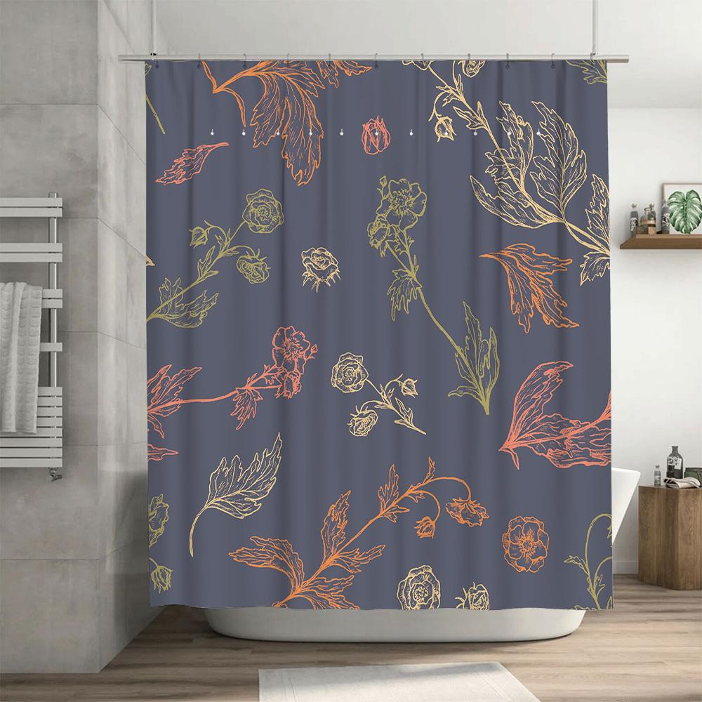 Elegant Floral Shower Curtain Rustic Boho Decor for Bathroom Orange Gray Fabric Shower Panels with Rod Set (69x72)