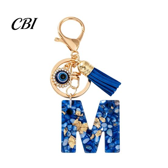 Portable Key Organizer Blue Series Keychain Pendant, Initial Letter Charm Chain with Eyes Tassel Design, A-Z Holder for Bags Backpacks Cars