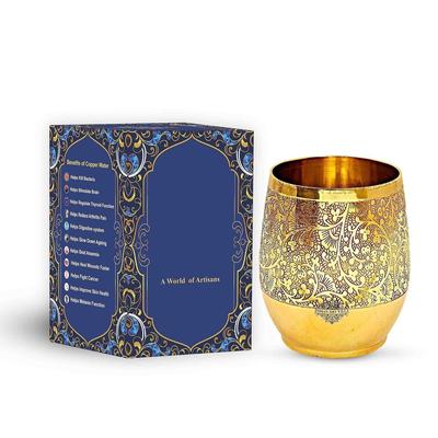 Embossed Flower Design Brass Glass Tumbler Cup, Drinkware, 300 ML, Gold