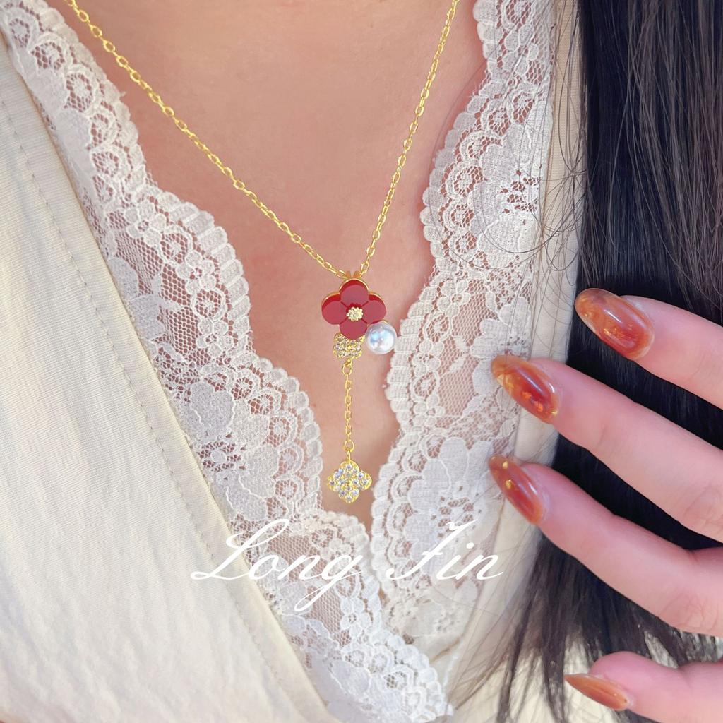 Französisches Retro Vierblättriges Kleeblatt Imitation Rotes Pferdequaste Halskette Fünf-Blumen-Armband Blume Temperament High-End Leichter Luxus Set