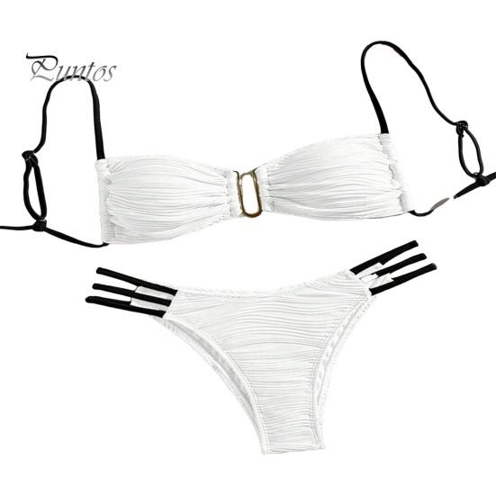 

2 шт./комплект женский бикини комплект слинг бандо бюстгальтер с подкладкой морщинистая текстура трусы комплект пэчворк цветной раздельный купальник S белый