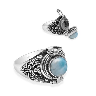 Anillo con medallón venenoso de plata de ley 925 con piedras preciosas naturales de Larimar para mujeres y niñas