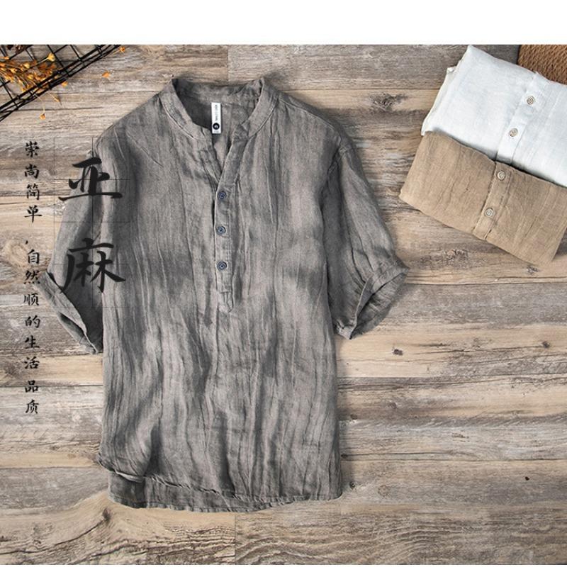 Letnia cienka lniana koszulka z krótkim rękawem męska casualowa z kołnierzykiem stojącym pulower duży rozmiar retro bawełniano-lniany top