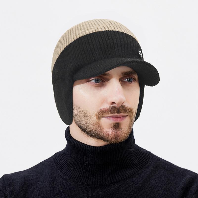 

Зимняя шапка с цветовой блокировкой, бархатная теплая шапка с ушками для защиты ушей, вязаная шапка, мужская шапка из шерсти для езды и защиты от холода Hat хаки