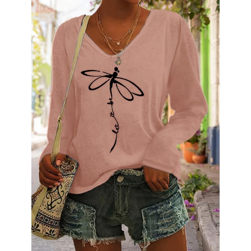 Women's V-Neck Long-Sleeve T-Shirt - Layering Basic with Medium-Stretch Fabric, Opaque Casual Blouse for Spring Summer Fall,