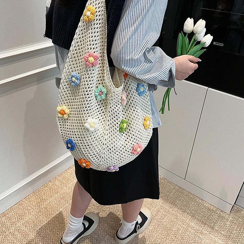 Women Flower Knitted Shoulder Bag  Handbag Lightweight Crochet Tote Bag Casual Top Handle Bag Outdoor Travel Bag